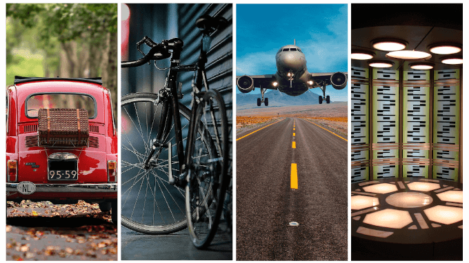 Red car, bicycle, Jet, and transporter from Star Trek